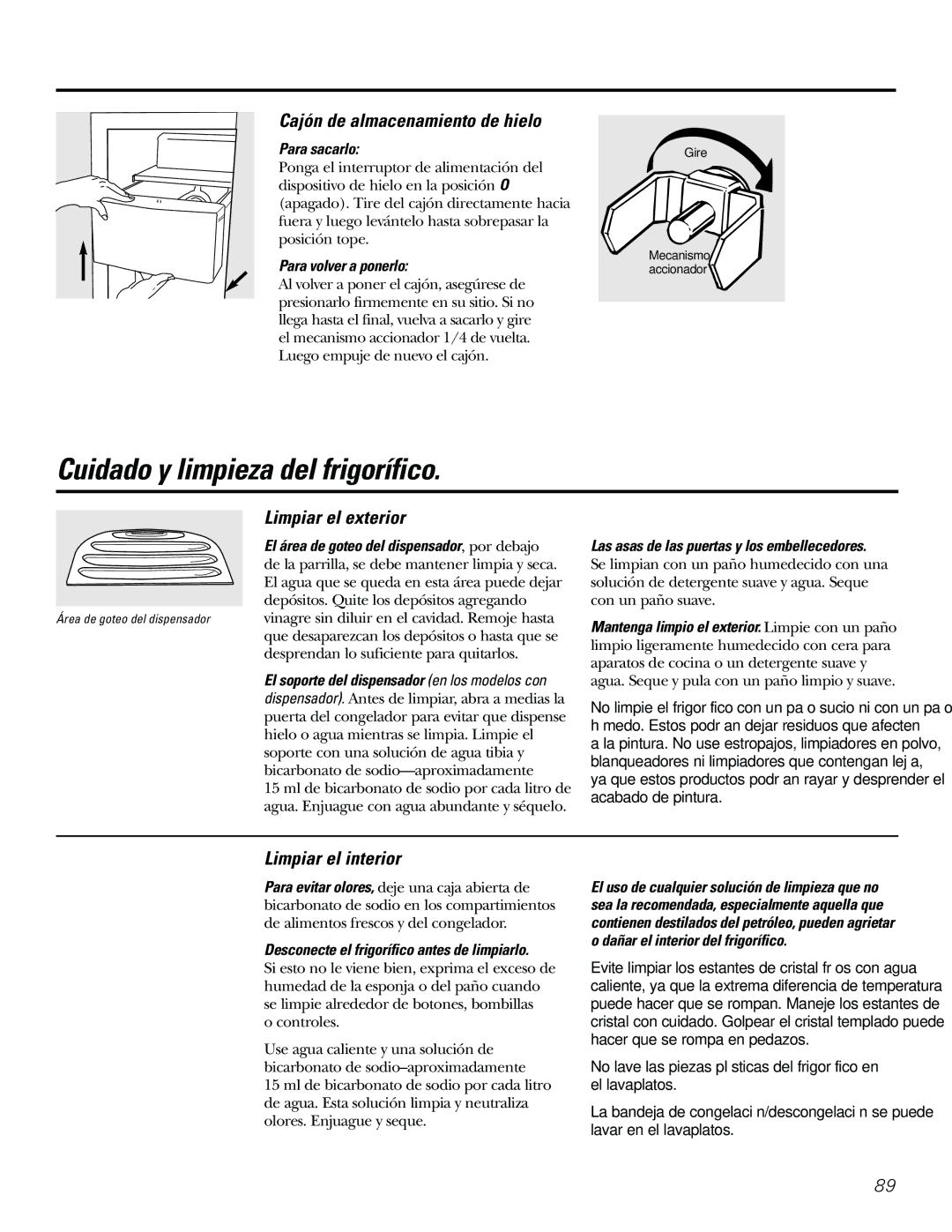 GE 21, 23, 25, 27, 29 Cuidado y limpieza del frigorífico, Limpiar el exterior, Limpiar el interior 