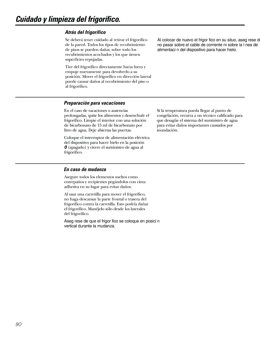 GE 21, 23, 25, 27, 29 installation instructions Atrás del frigorífico, Preparación para vacaciones, En caso de mudanza 