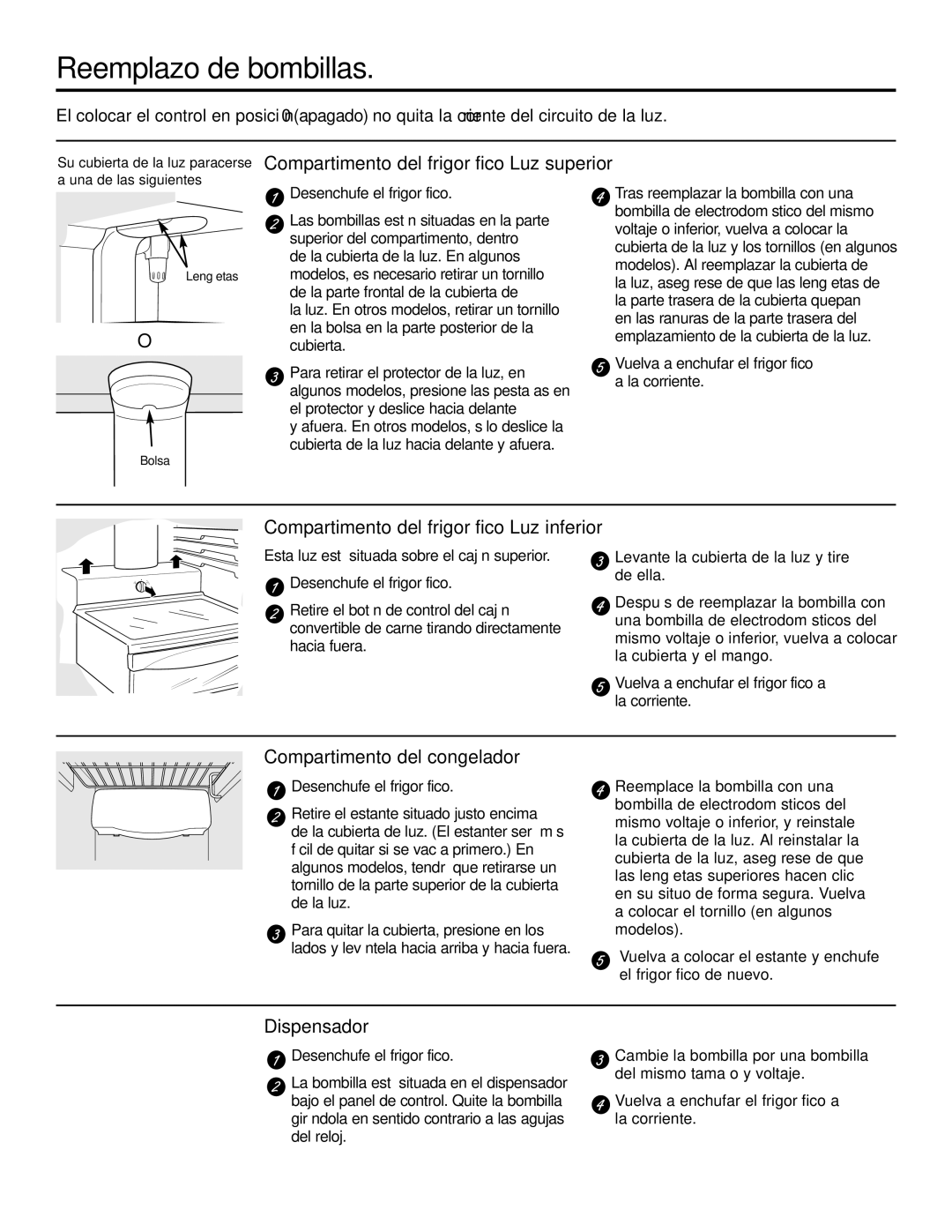 GE 21, 23, 25, 27, 29 Reemplazo de bombillas, Compartimento del frigorífico-Luz inferior, Compartimento del congelador 