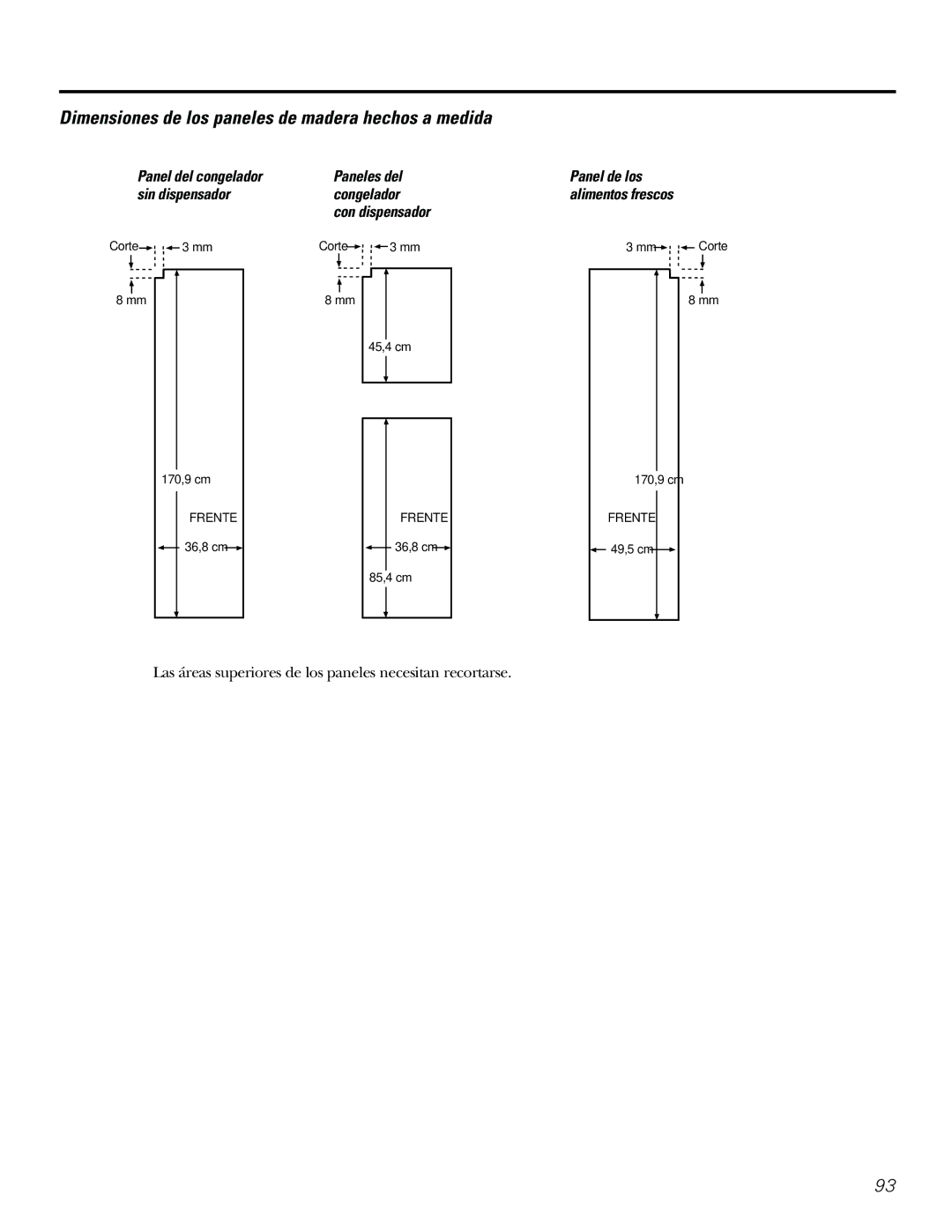 GE 21, 23, 25, 27, 29 installation instructions Dimensiones de los paneles de madera hechos a medida 