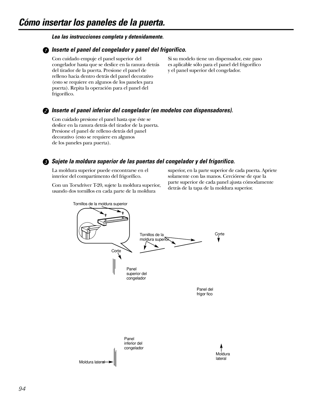 GE 21, 23, 25, 27, 29 Cómo insertar los paneles de la puerta, Inserte el panel del congelador y panel del frigorífico 