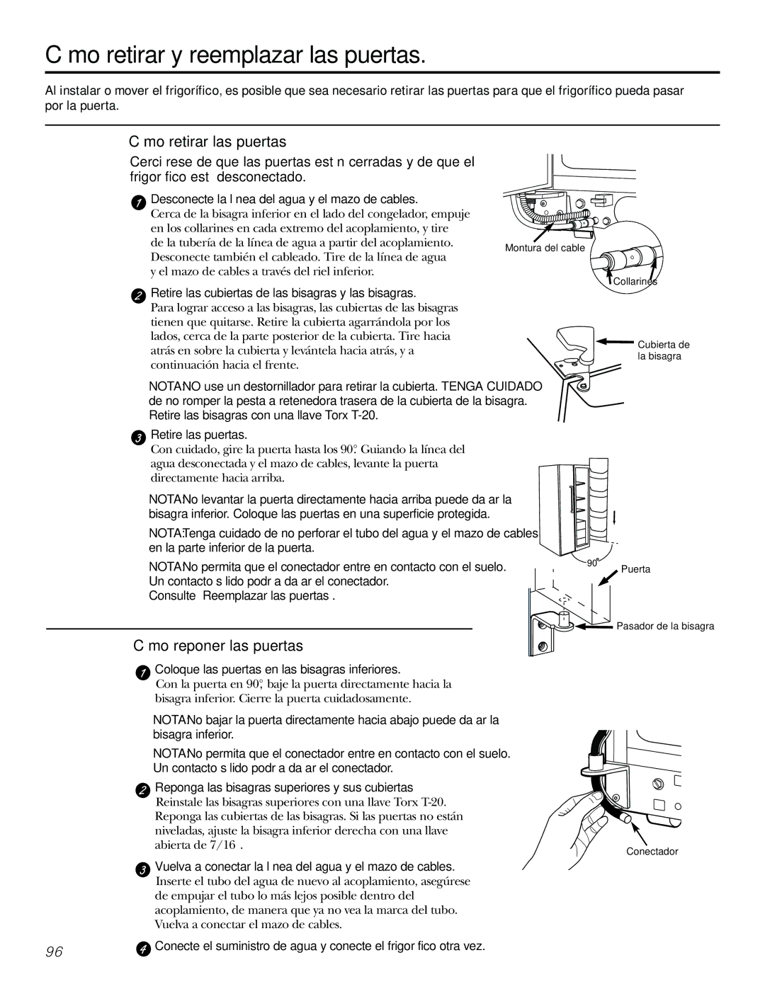 GE 21, 23, 25, 27, 29 Cómo retirar y reemplazar las puertas, Cómo retirar las puertas, Cómo reponer las puertas 