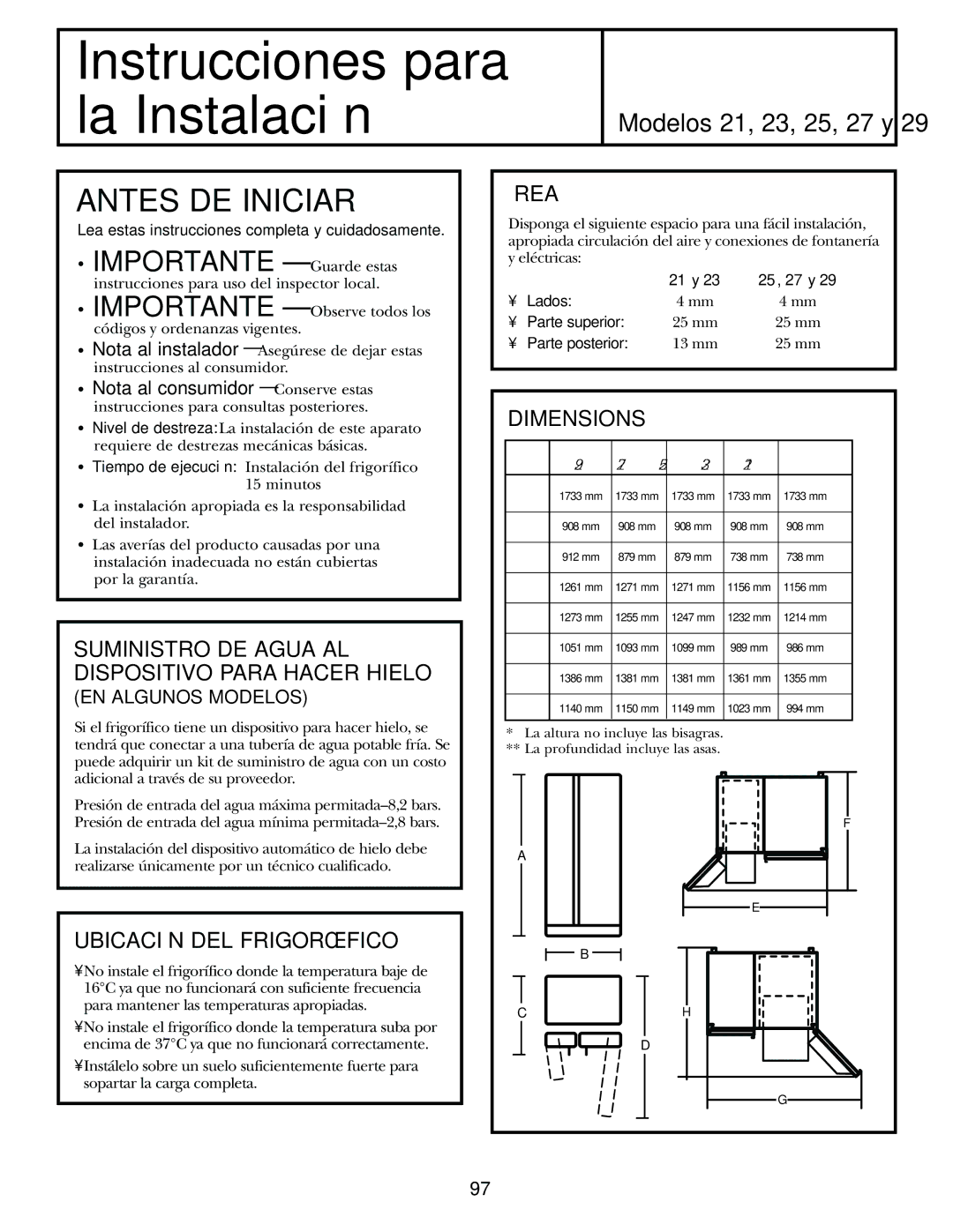 GE 21, 23, 25, 27, 29 installation instructions Antes DE Iniciar, Ubicación DEL Frigorífico, Área 