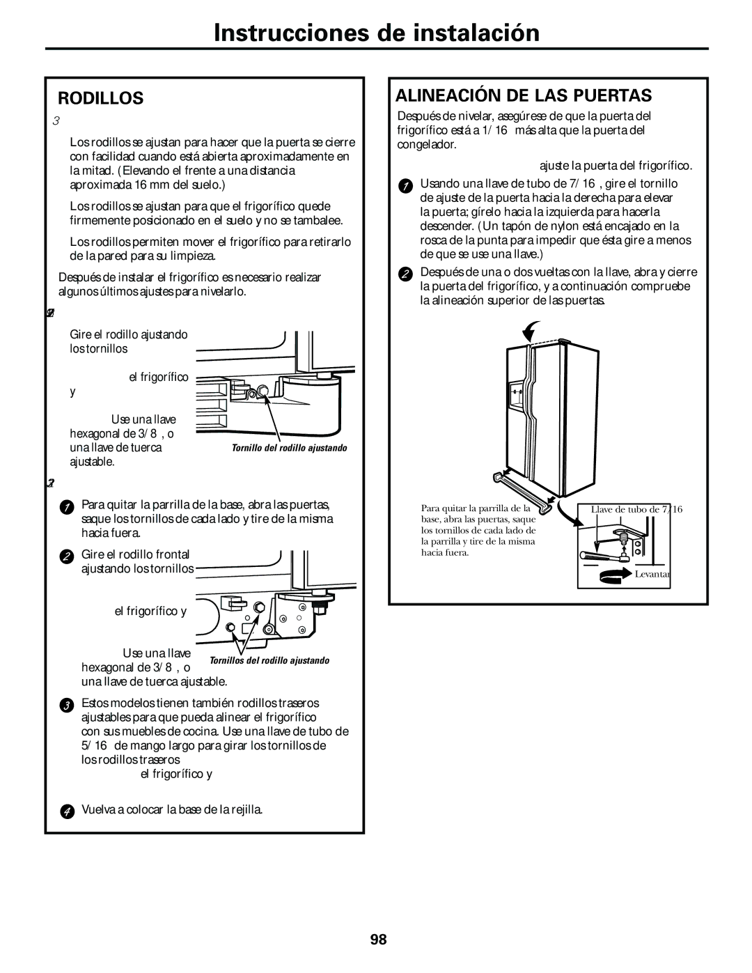 GE 21, 23, 25, 27, 29 installation instructions Rodillos, Alineación DE LAS Puertas 