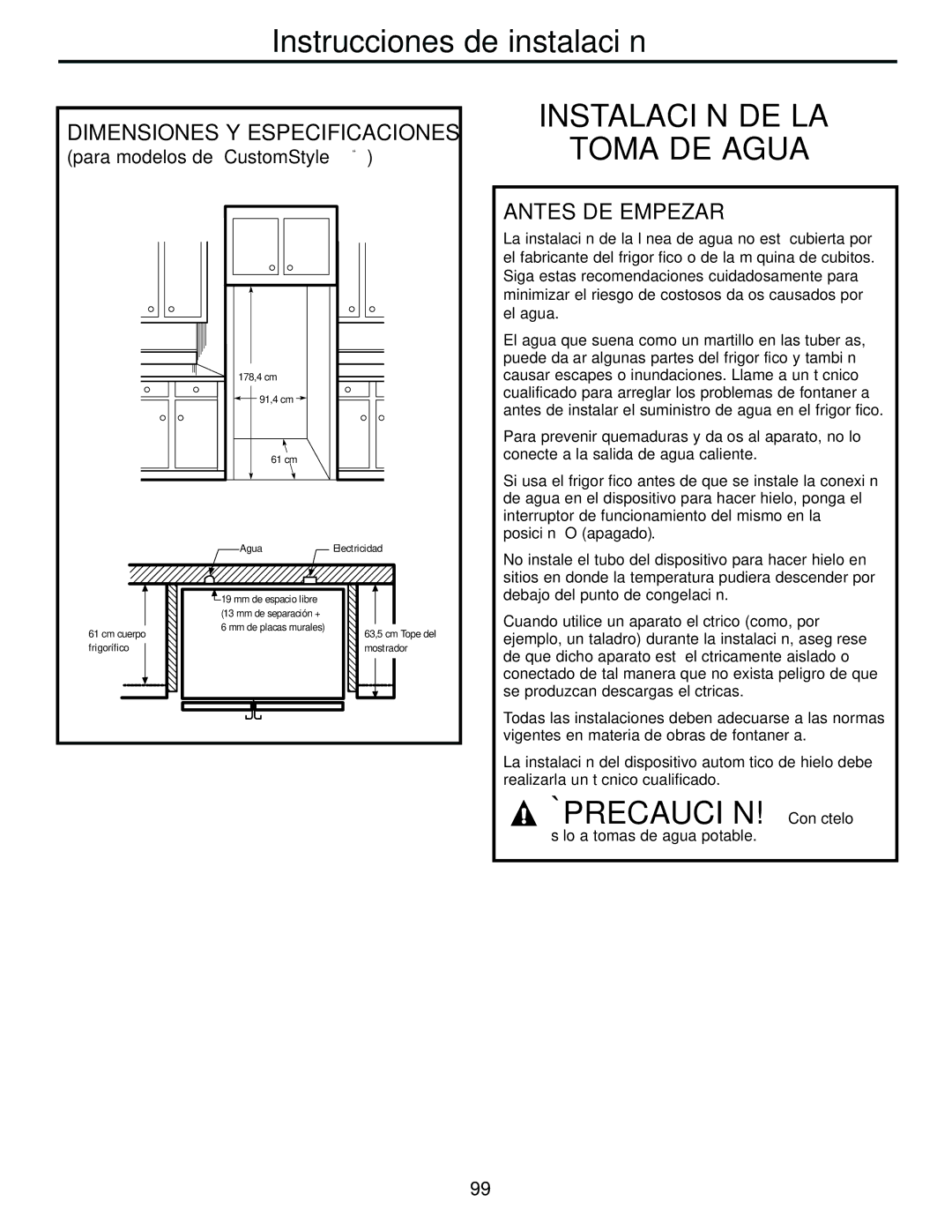 GE 21, 23, 25, 27, 29 Instalación DE LA Toma DE Agua, Dimensiones Y Especificaciones, Antes DE Empezar 