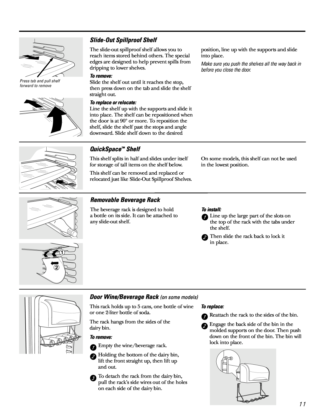 GE 21, 23, 25, 27, 29 installation instructions Slide-Out Spillproof Shelf, QuickSpace Shelf, Removable Beverage Rack 