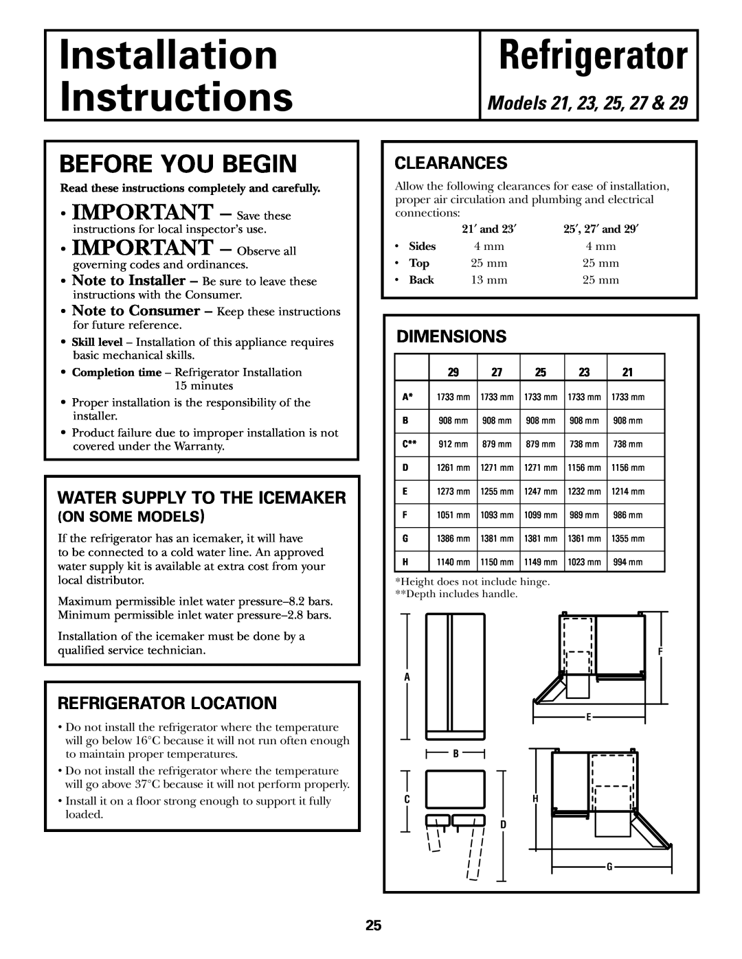 GE 21, 23, 25, 27, 29 Installation Instructions, Refrigerator, Before You Begin, IMPORTANT - Save these, Clearances 
