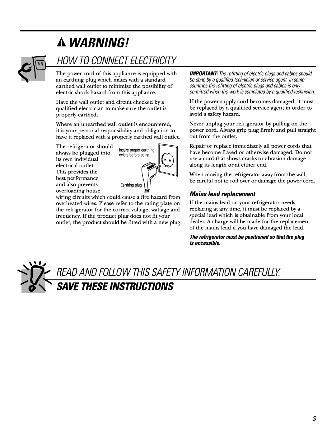 GE 21, 23, 25, 27, 29 installation instructions How To Connect Electricity, Save These Instructions, Mains lead replacement 