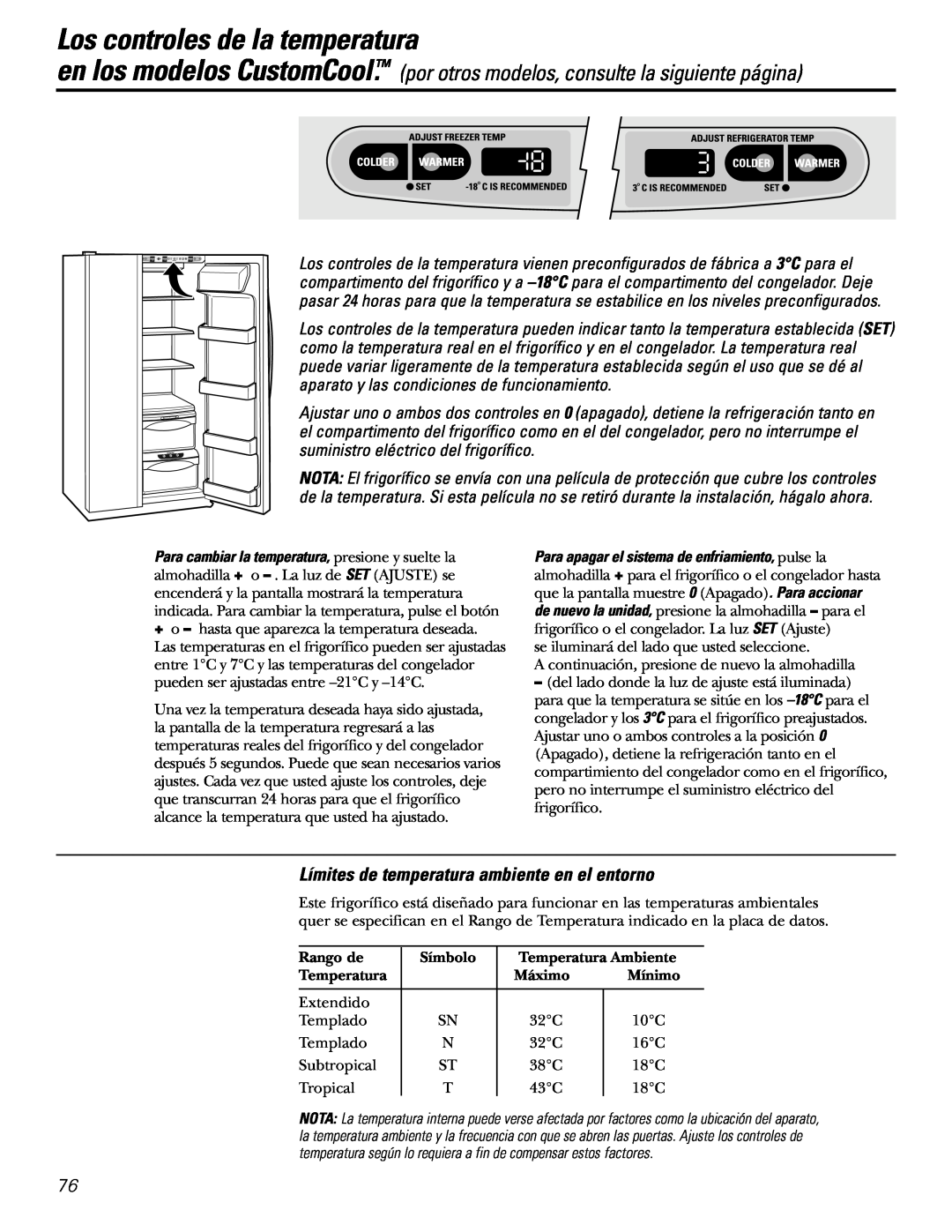 GE 21, 23, 25, 27, 29 installation instructions Los controles de la temperatura en los modelos CustomCool 