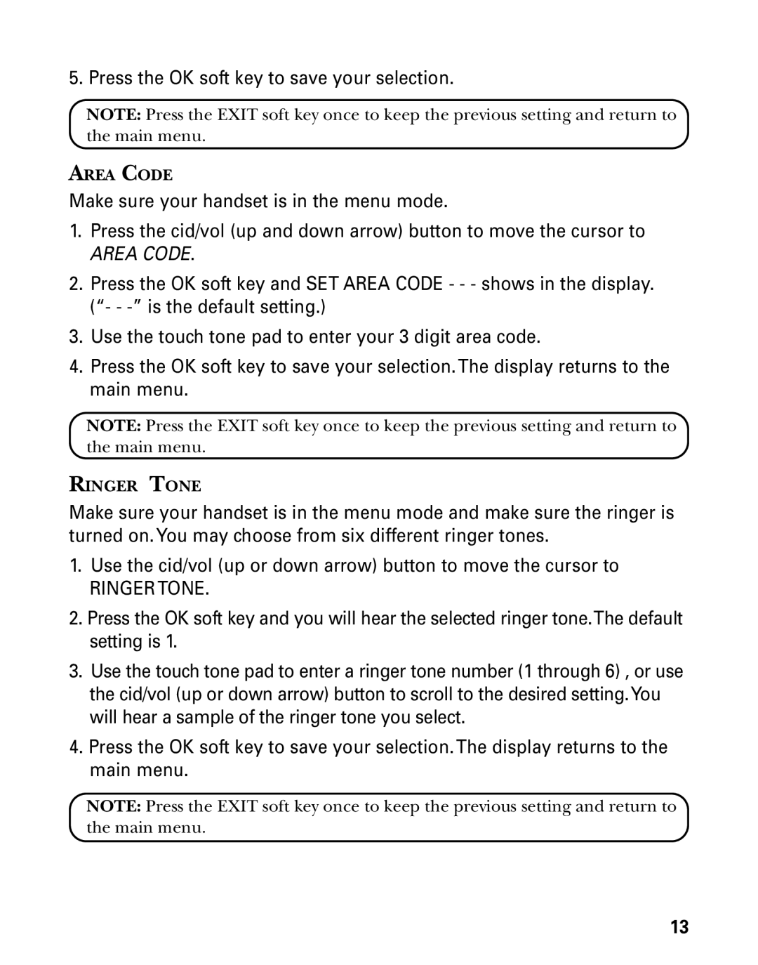 GE 21006 manual Area Code, Ringer Tone 