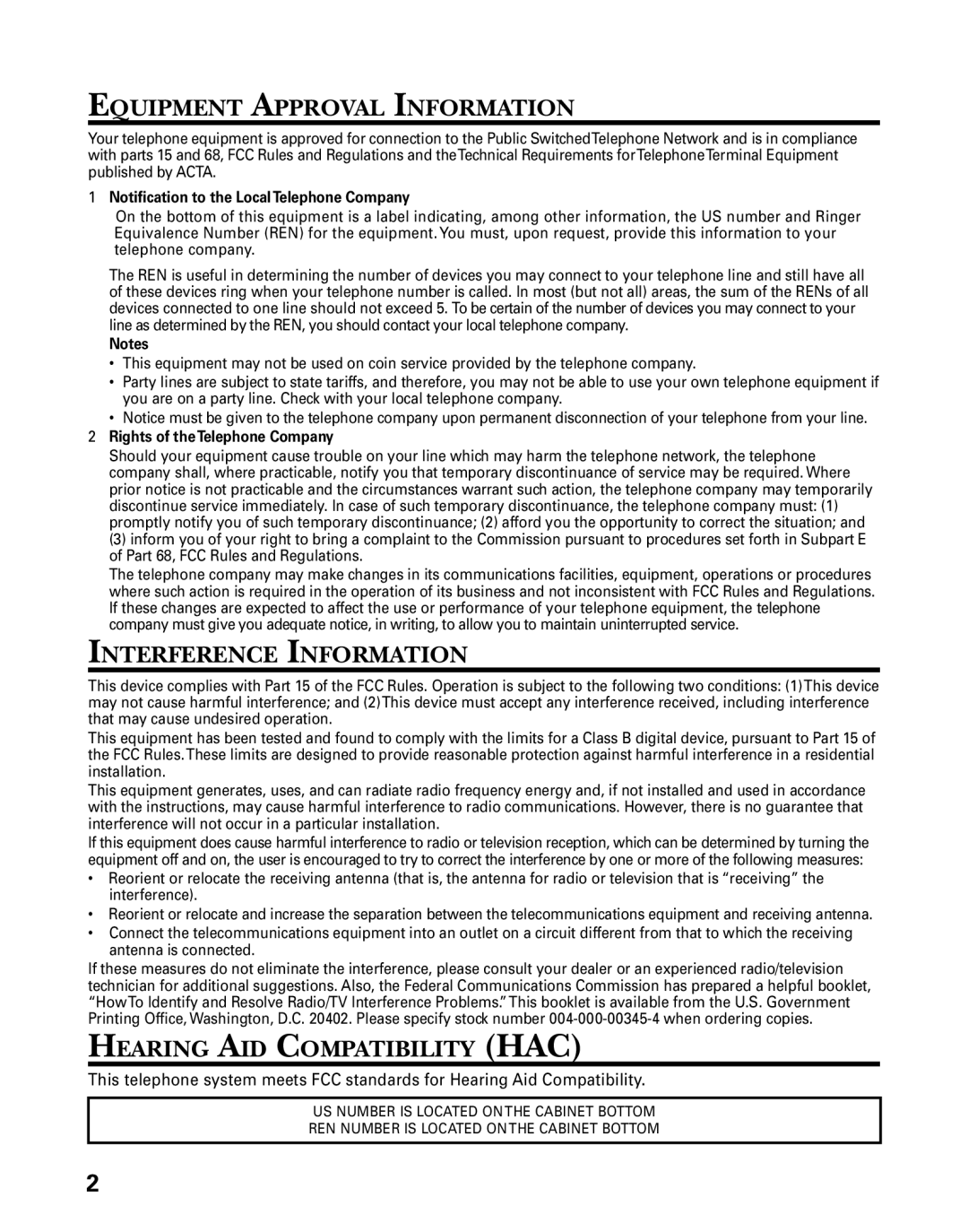 GE 21006 manual Equipment Approval Information, Interference Information, Hearing AID Compatibility HAC 