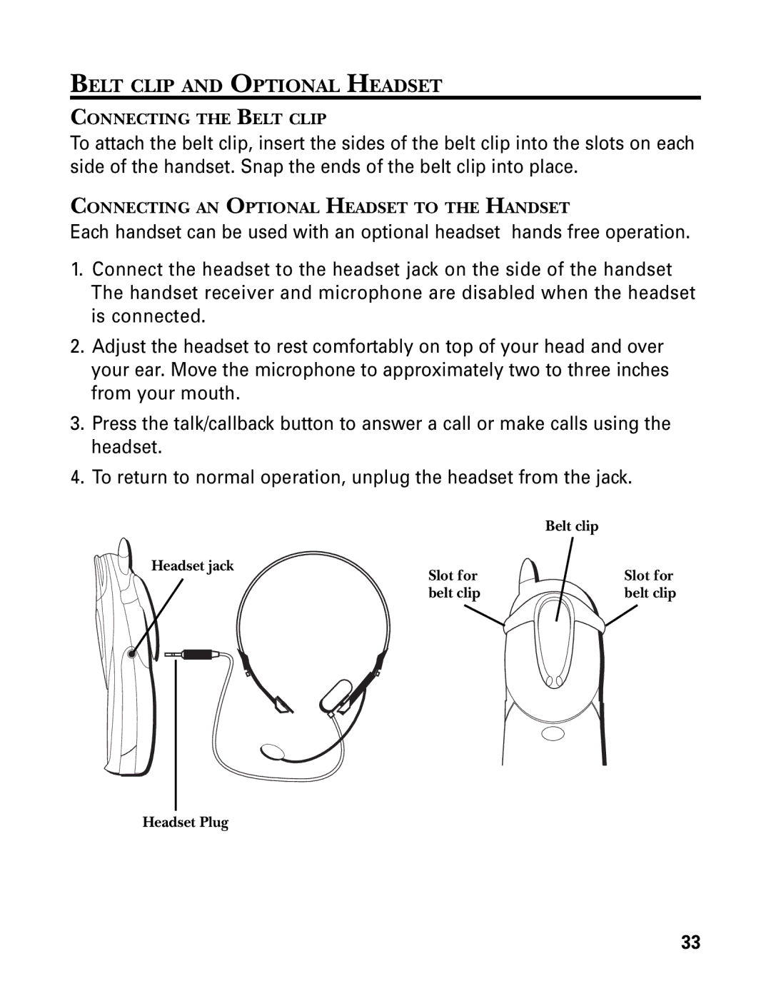 GE 21006 manual Belt Clip and Optional Headset 