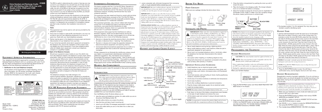 GE 00001583 installation instructions Equipment Approval Information, Interference Information, Installing the Phone 