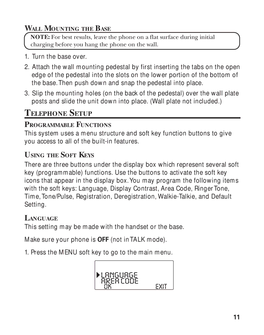 GE 21011 manual Language Areacode, Okexit, Telephone Setup 