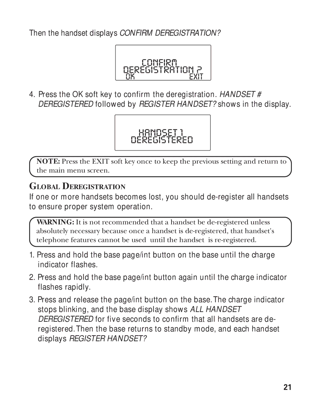 GE 21011 manual Handset Deregistered, Confirm Deregistration ? 