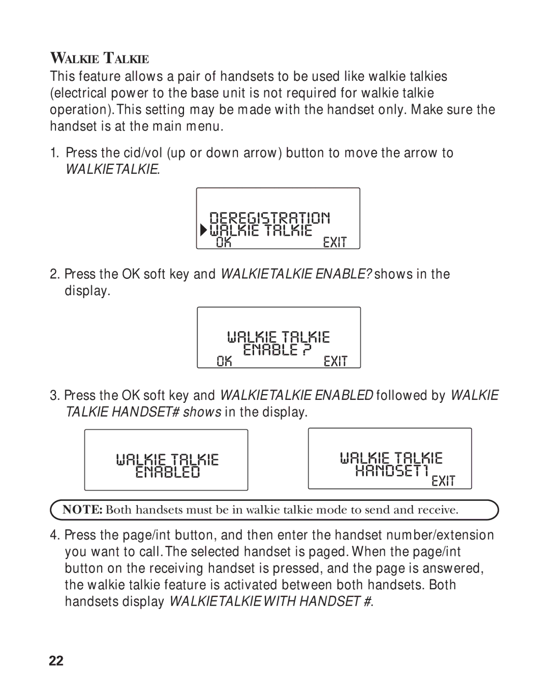 GE 21011 manual Deregistration Walkie Talkie, Walkie Talkie Enable ?, Walkie Talkiewalkie Talkie ENABLEDHANDSET1EXIT 