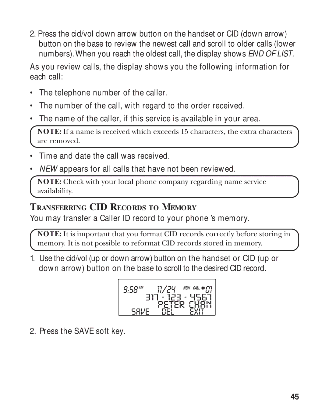 GE 21011 manual Save DEL Exit, You may transfer a Caller ID record to your phone ’s memory 