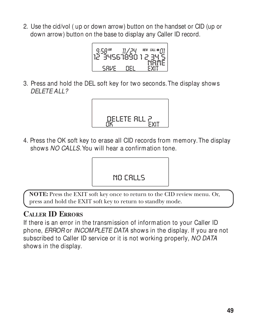 GE 21011 manual No Calls, Delete ALL ? 