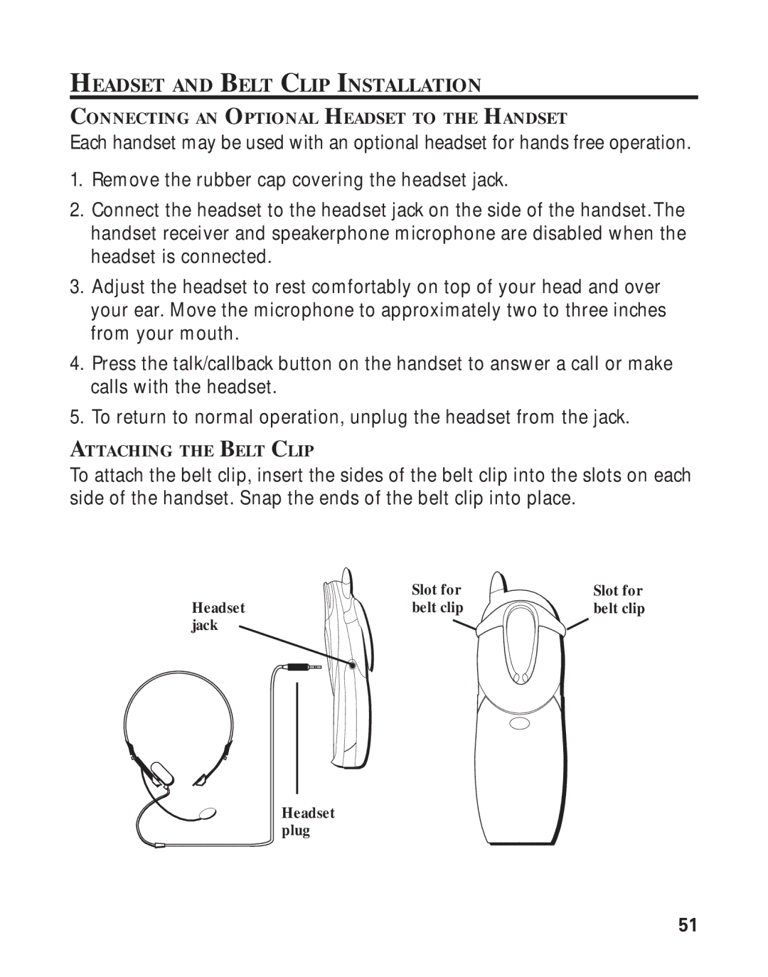 GE 21011 manual Headset and Belt Clip Installation 