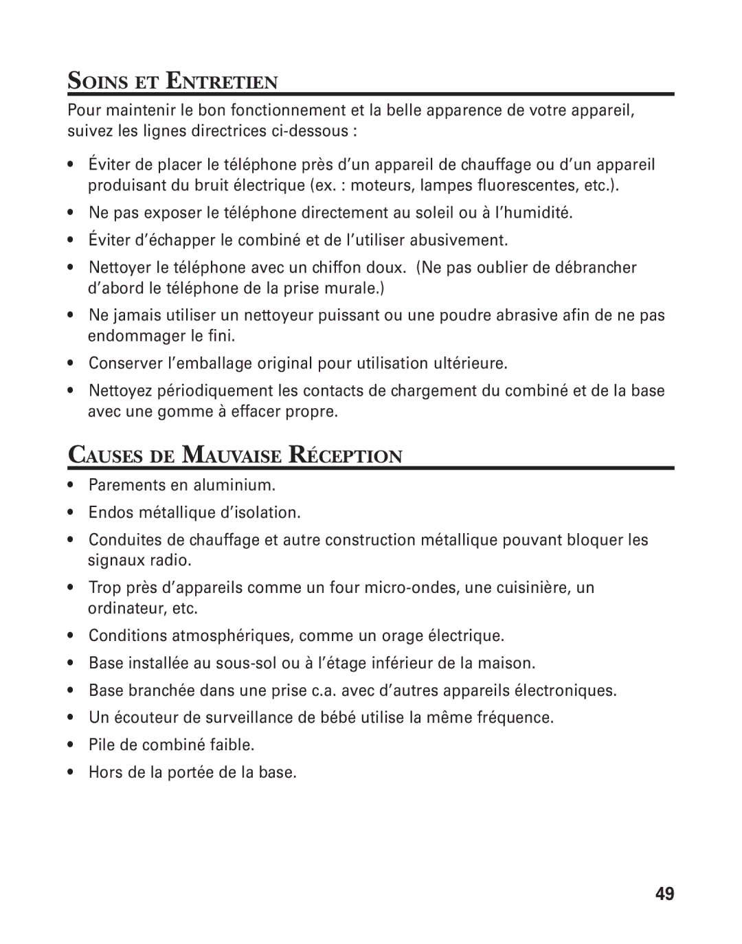 GE 21015 manual Soins ET Entretien, Causes DE Mauvaise RƒCEPTION 