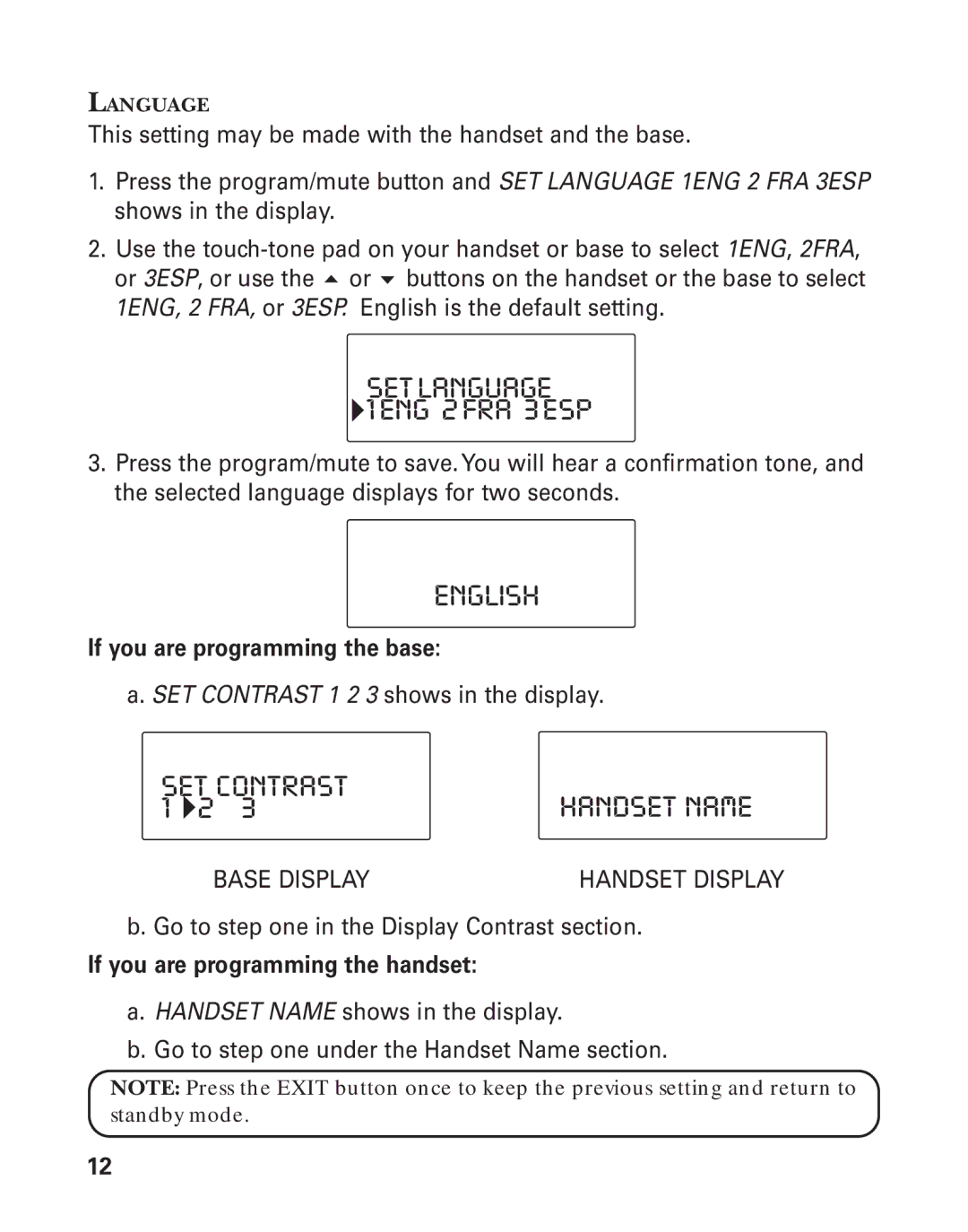 GE 21015 manual Setlanguage 1ENG 2FRA 3ESP, English, SET Contrast 