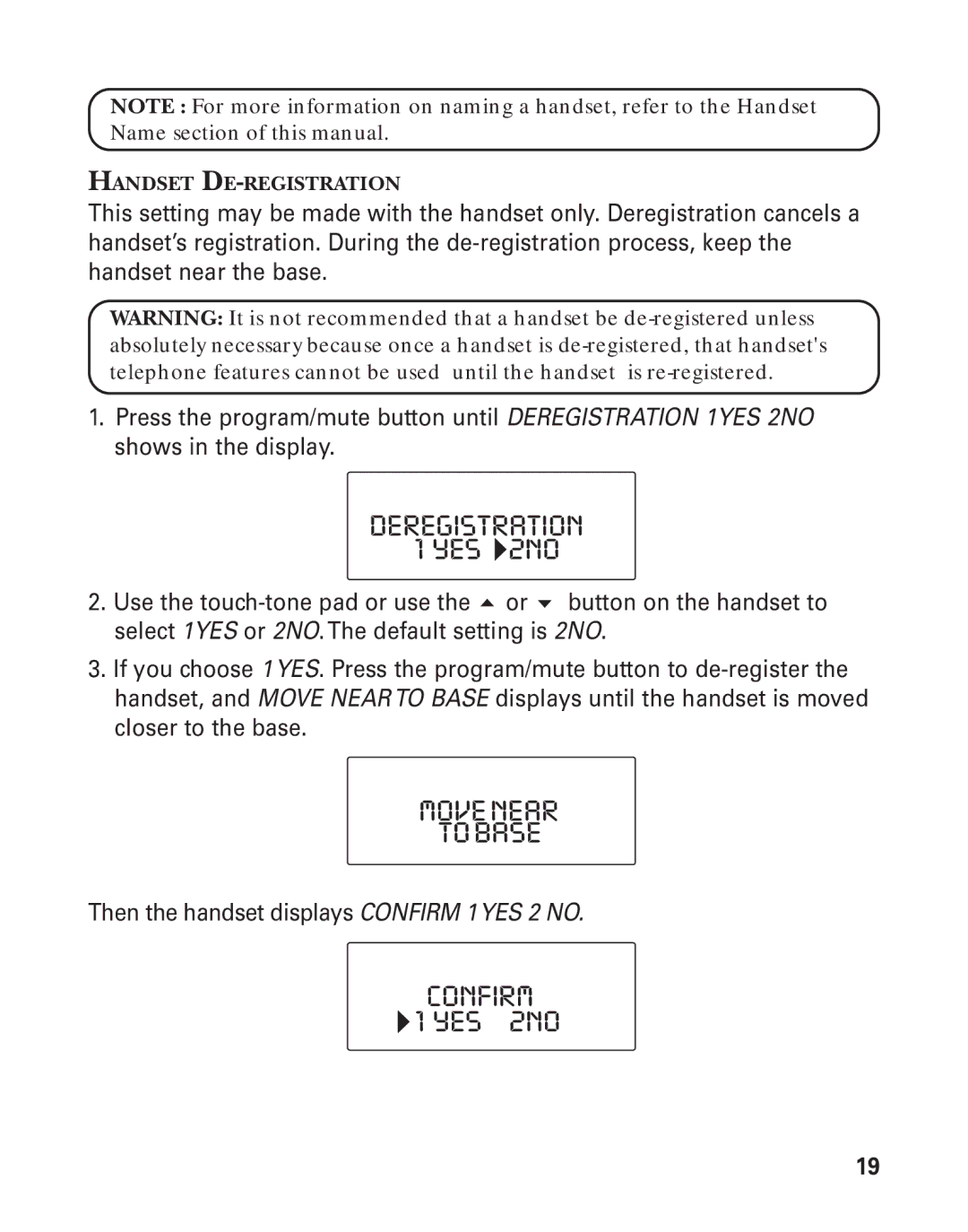 GE 21015 manual Deregistration, Movenear Tobase, Confirm 