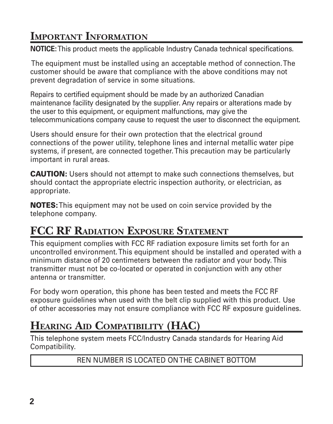 GE 21015 manual Important Information, FCC RF Radiation Exposure Statement, Hearing AID Compatibility HAC 