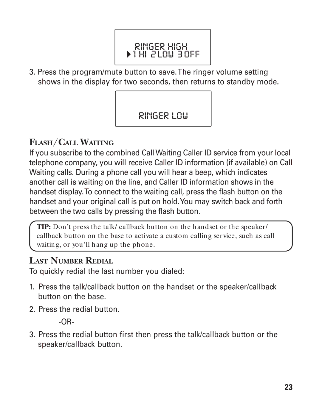 GE 21015 manual Ringer High, Ringer LOW 