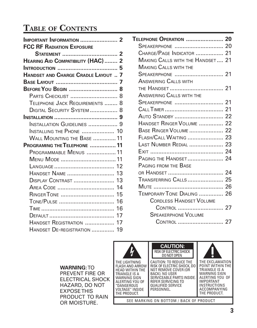 GE 21015 manual Table of Contents 