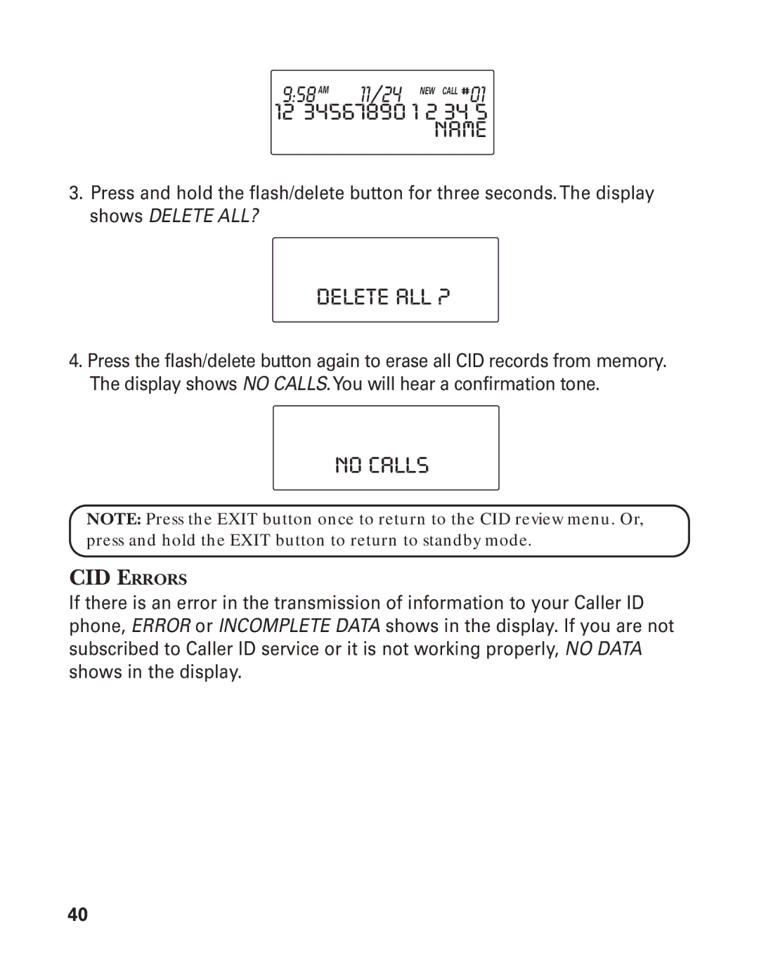 GE 21015 manual Delete ALL ?, No Calls 