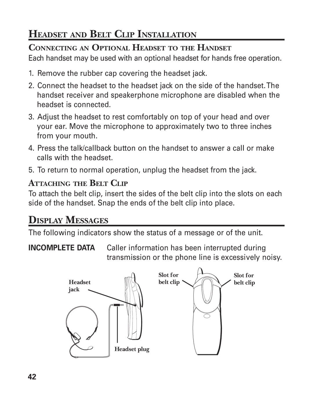 GE 21015 manual Headset and Belt Clip Installation, Display Messages 