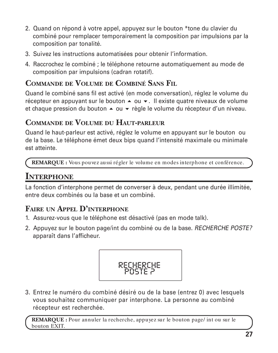 GE 21015 manual Recherche Poste ?, Interphone 