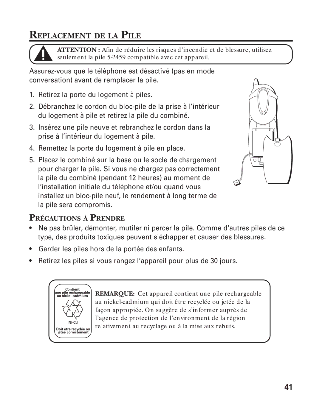 GE 21015 manual Replacement DE LA Pile, PRƒCAUTIONS Ë Prendre 