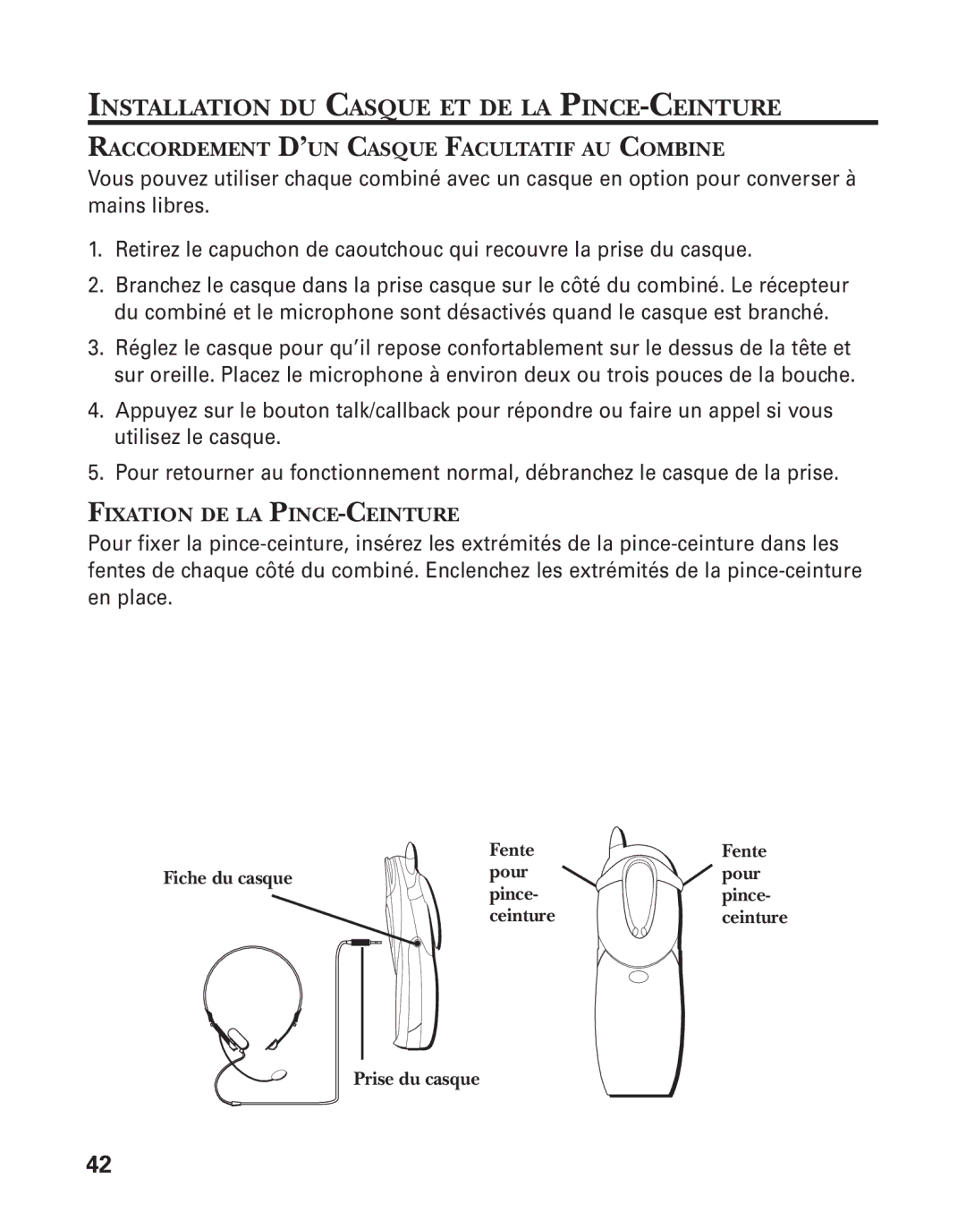 GE 21015 manual Installation DU Casque ET DE LA PINCE-CEINTURE 