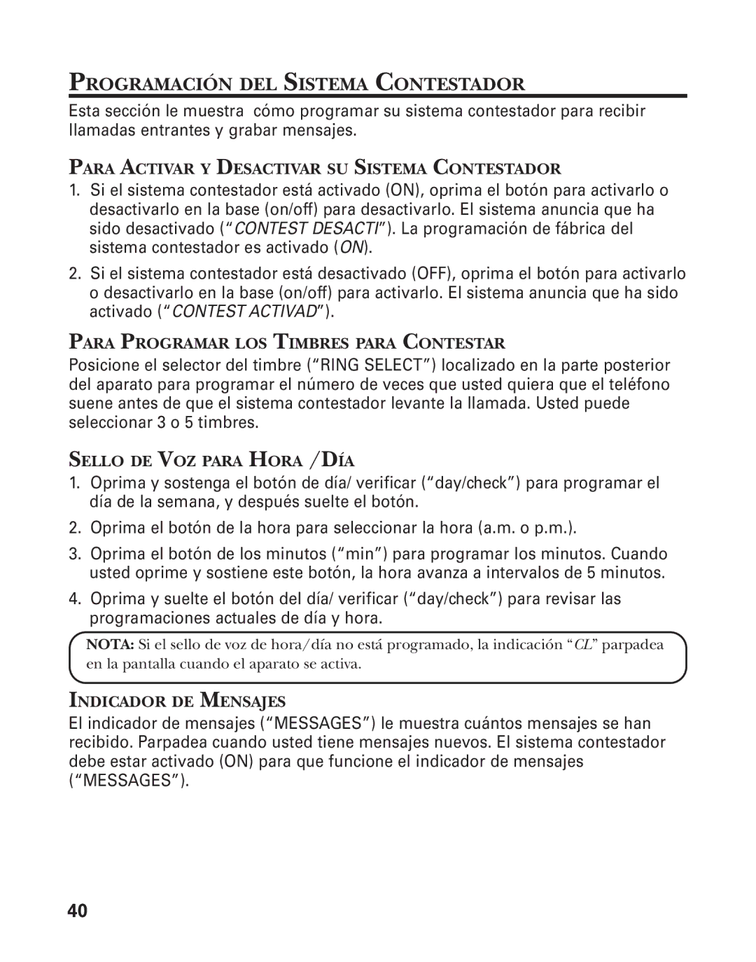 GE 21025/26 manual Programación DEL Sistema Contestador 