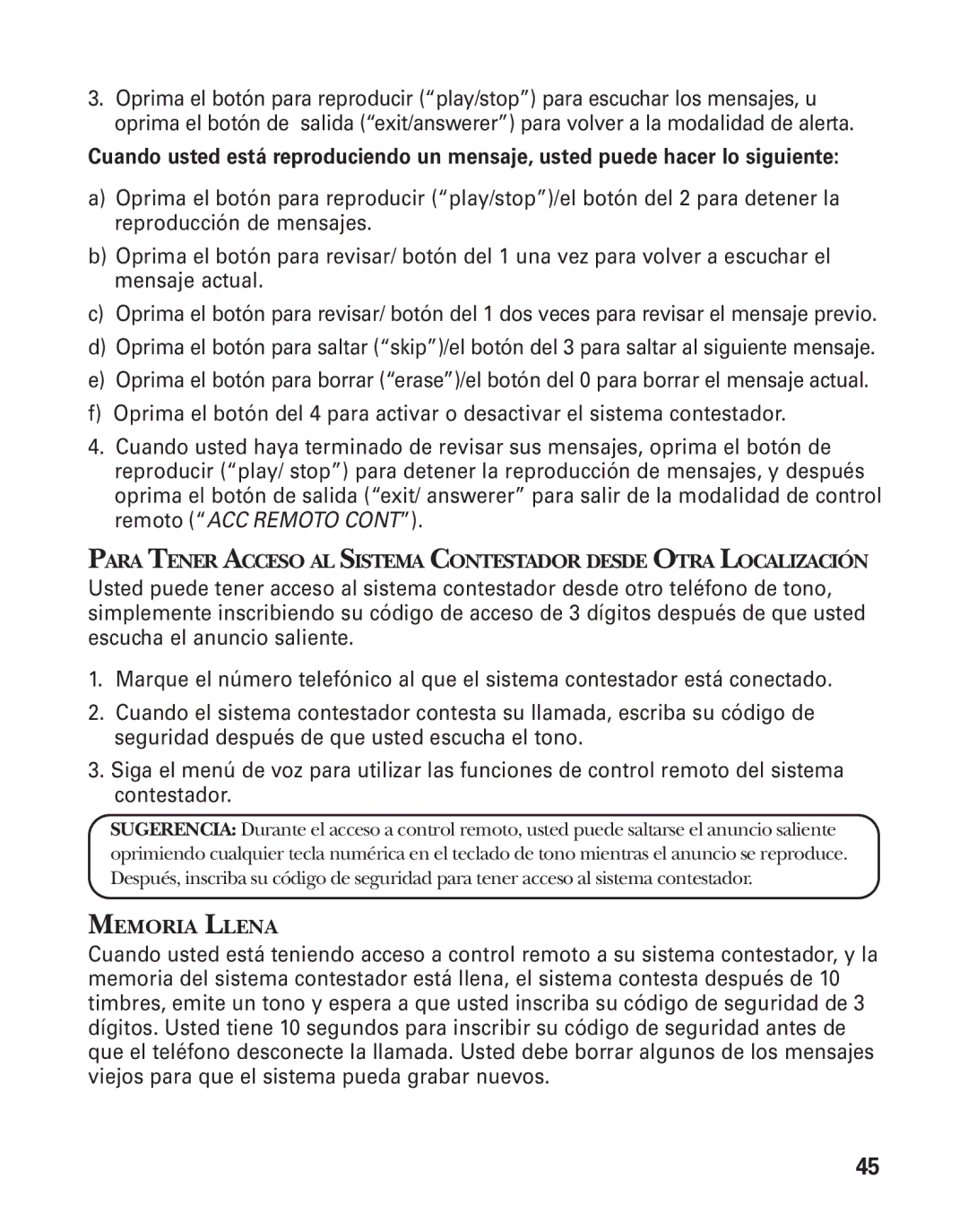 GE 21025/26 manual Memoria Llena 