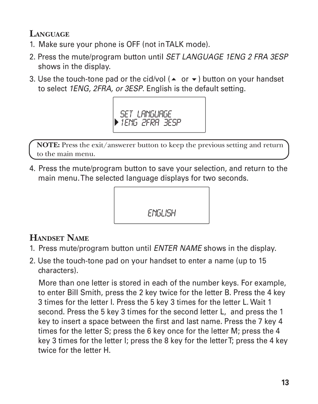 GE 21025/26 manual English, SET Language 1ENG 2FRA 3ESP 