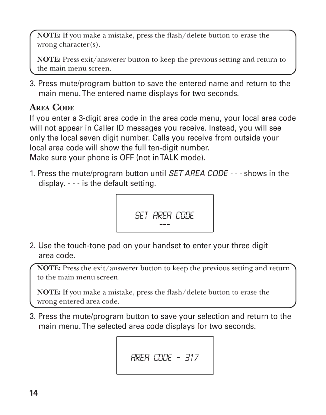 GE 21025/26 manual SET Area Code, Area Code ‐ 