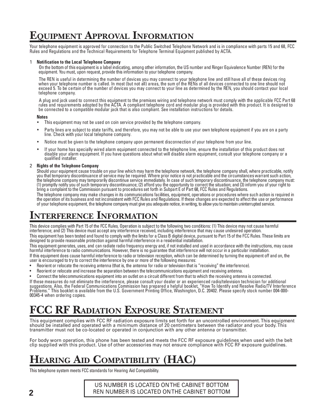 GE 21025/26 manual Equipment Approval Information, Interference Information, FCC RF Radiation Exposure Statement 