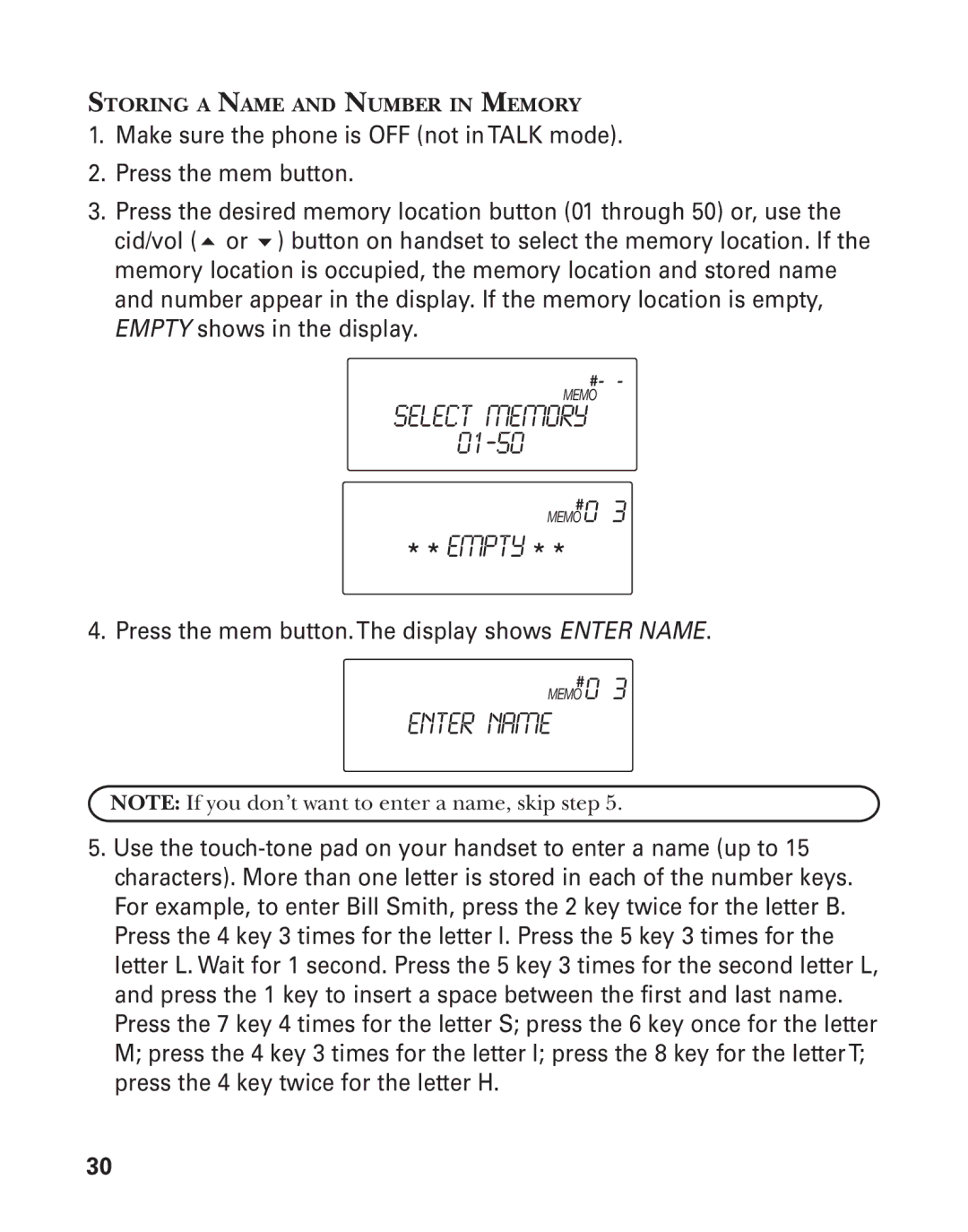 GE 21025/26 manual Select Memory, Enter Name 