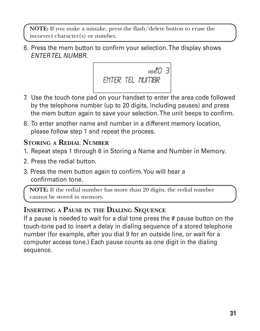 GE 21025/26 manual Enter TEL Numbr 