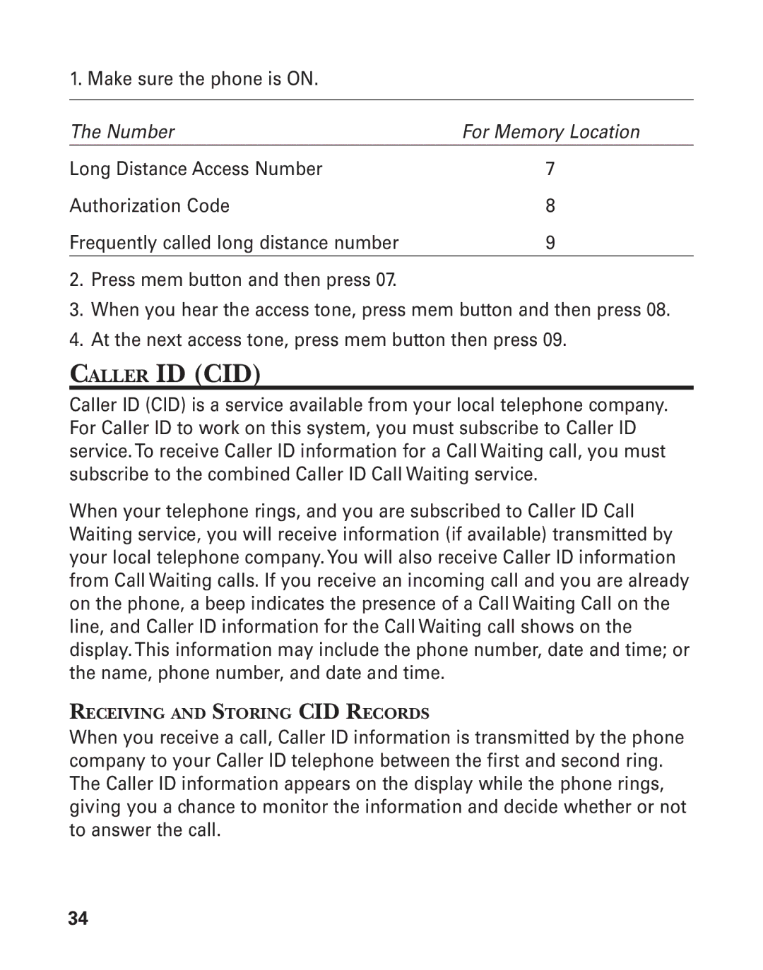 GE 21025/26 manual Caller ID CID 