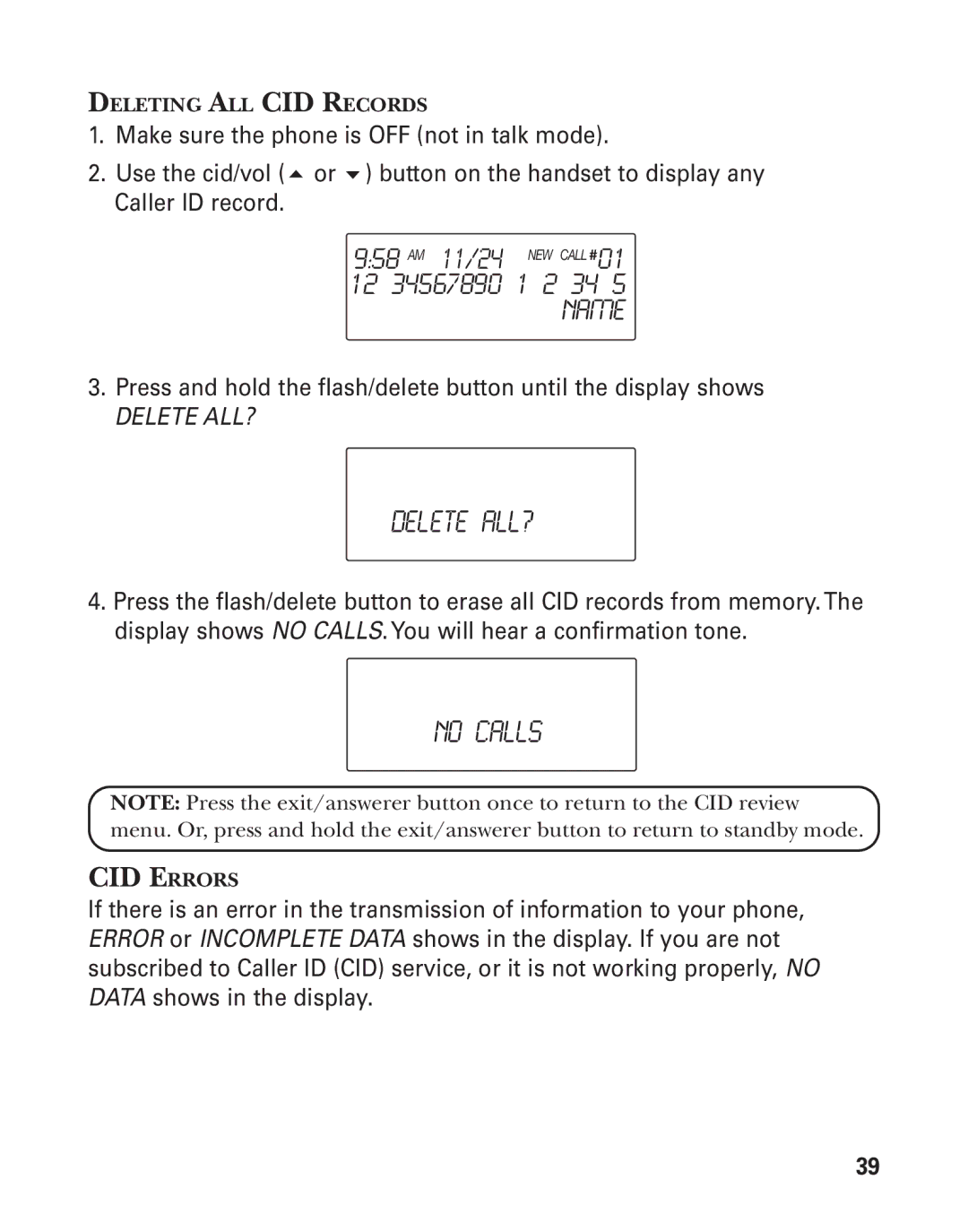 GE 21025/26 manual Delete ALL?, No Calls 