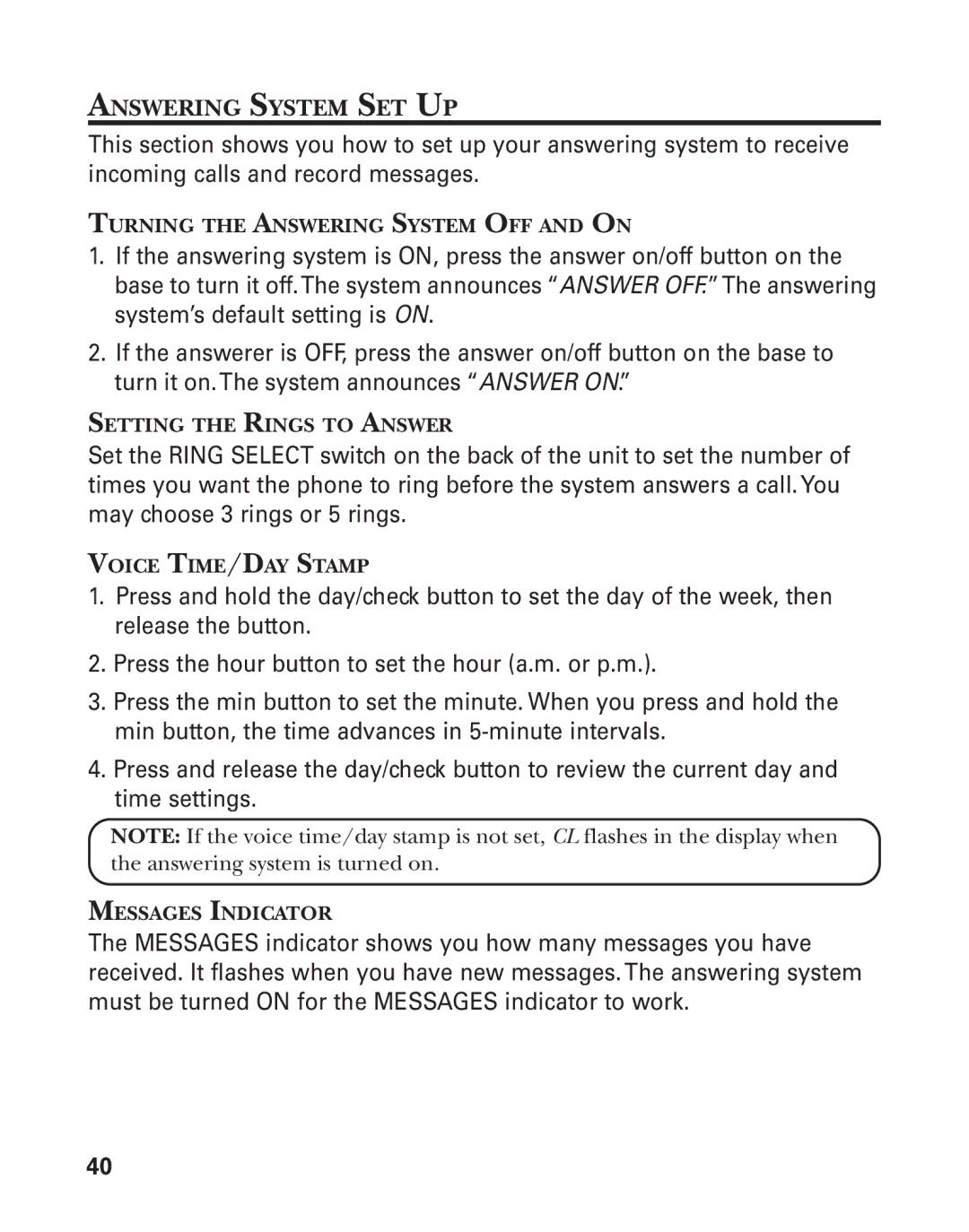 GE 21025/26 manual Answering System SET UP 