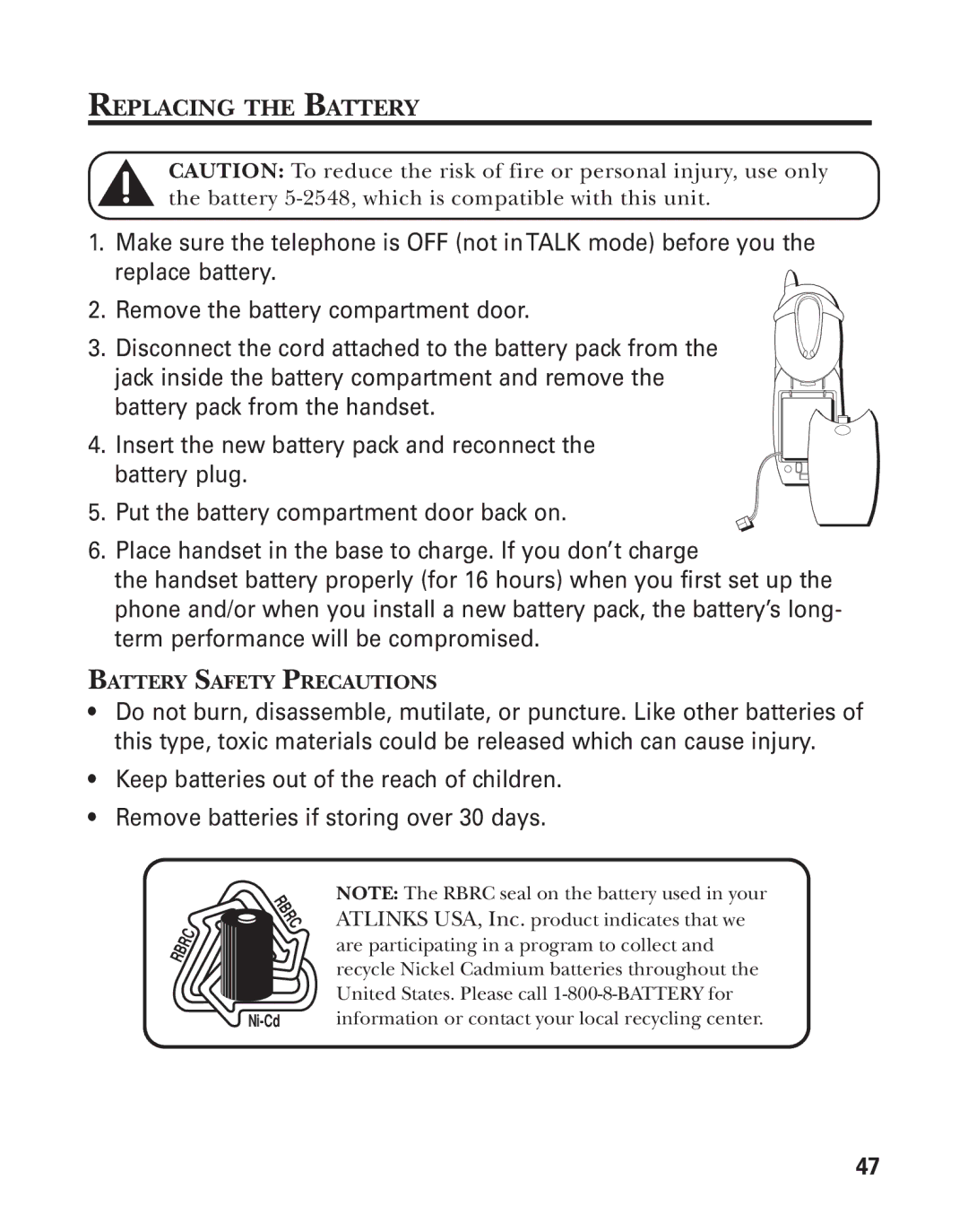 GE 21025/26 manual Replacing the Battery 