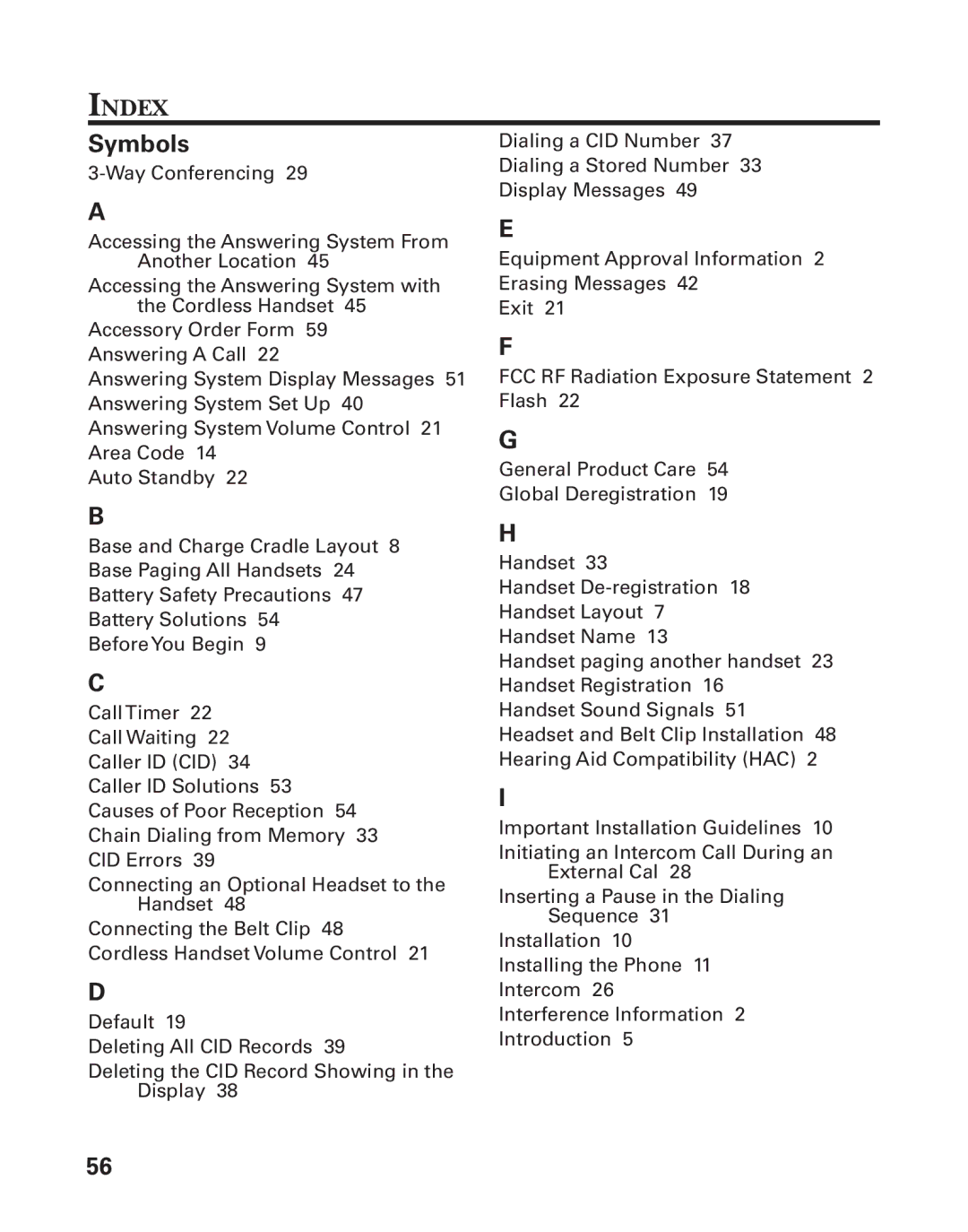 GE 21025/26 manual Index, Symbols 