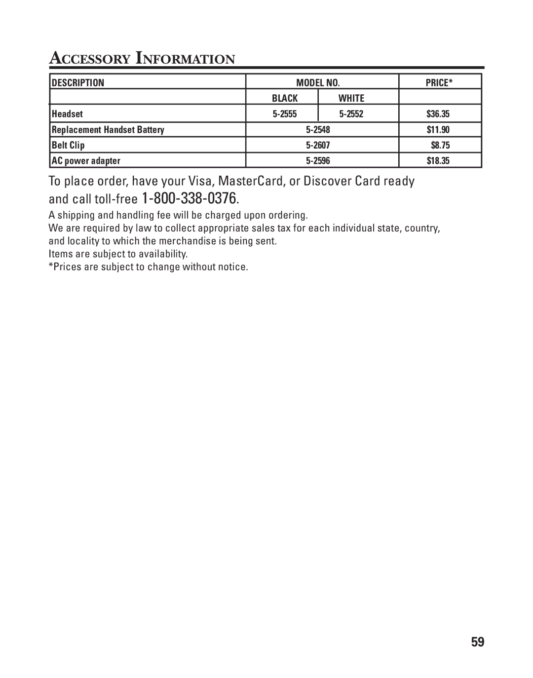 GE 21025/26 manual Accessory Information, White 