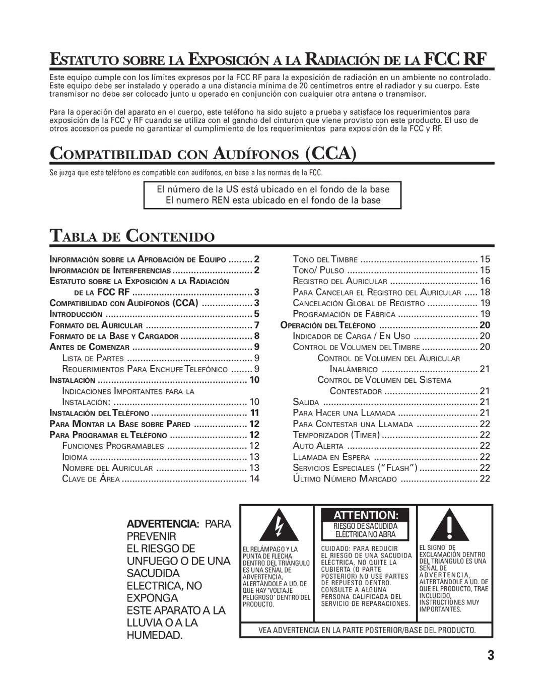 GE 21025/26 Estatuto Sobre LA Exposición a LA Radiación DE LA FCC RF, Compatibilidad CON Audífonos CCA, Tabla DE Contenido 