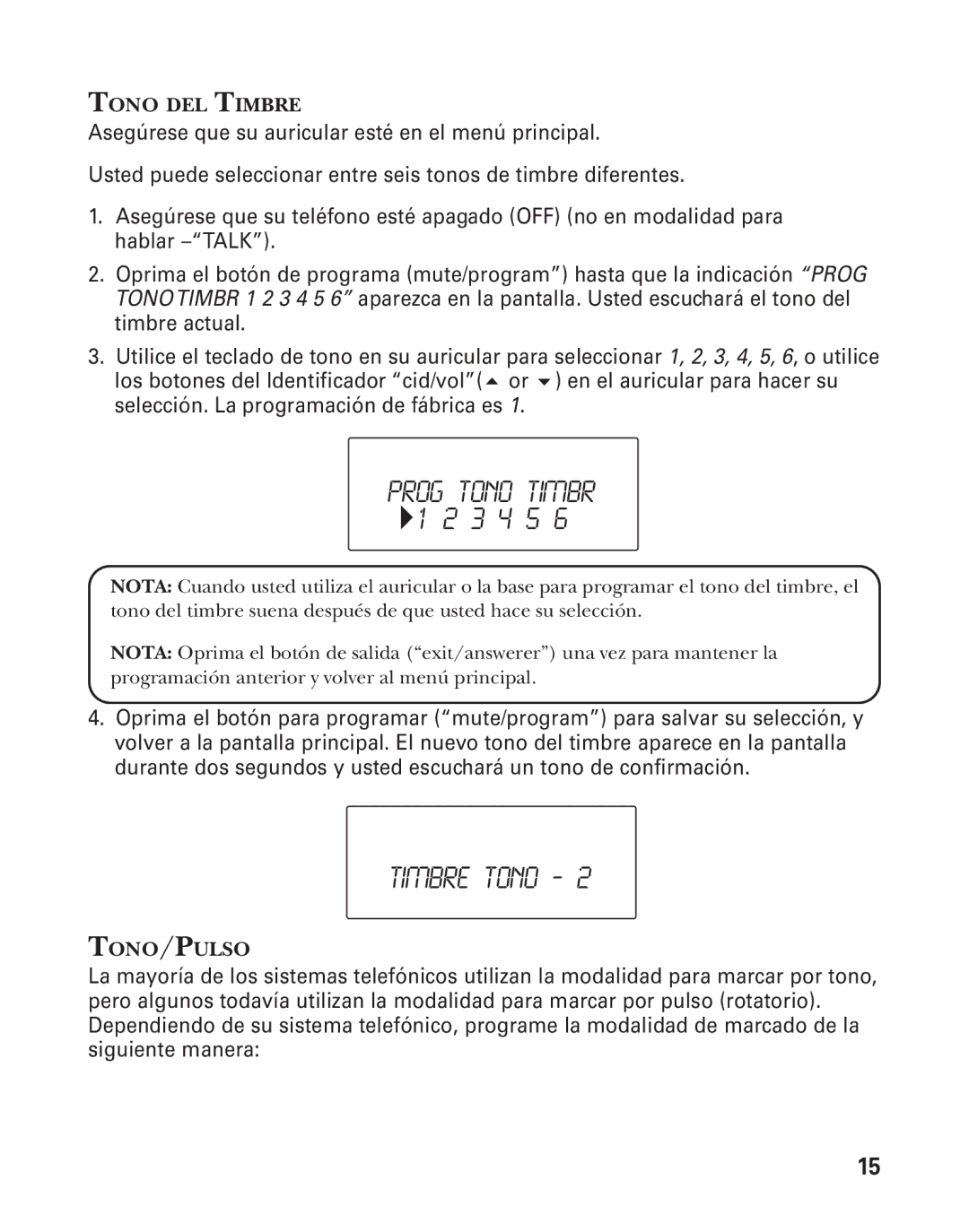 GE 21025/26 manual Prog Tono Timbr, Timbre Tono ‐ 