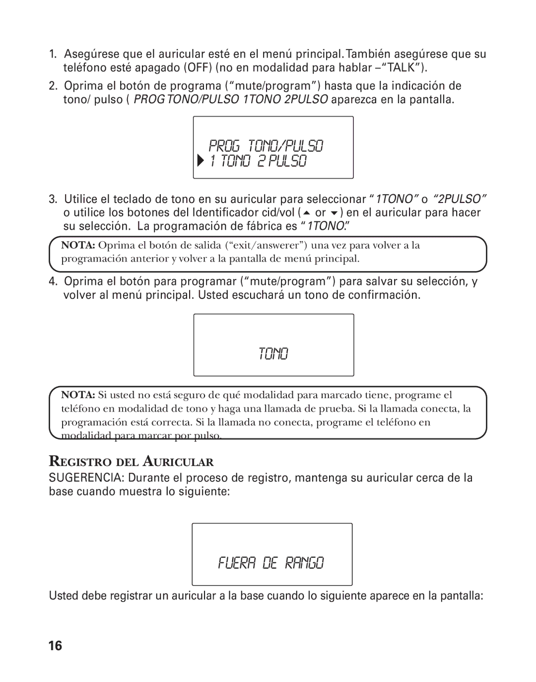 GE 21025/26 manual Prog TONO/PULSO Tono 2 Pulso, Fuera DE Rango 